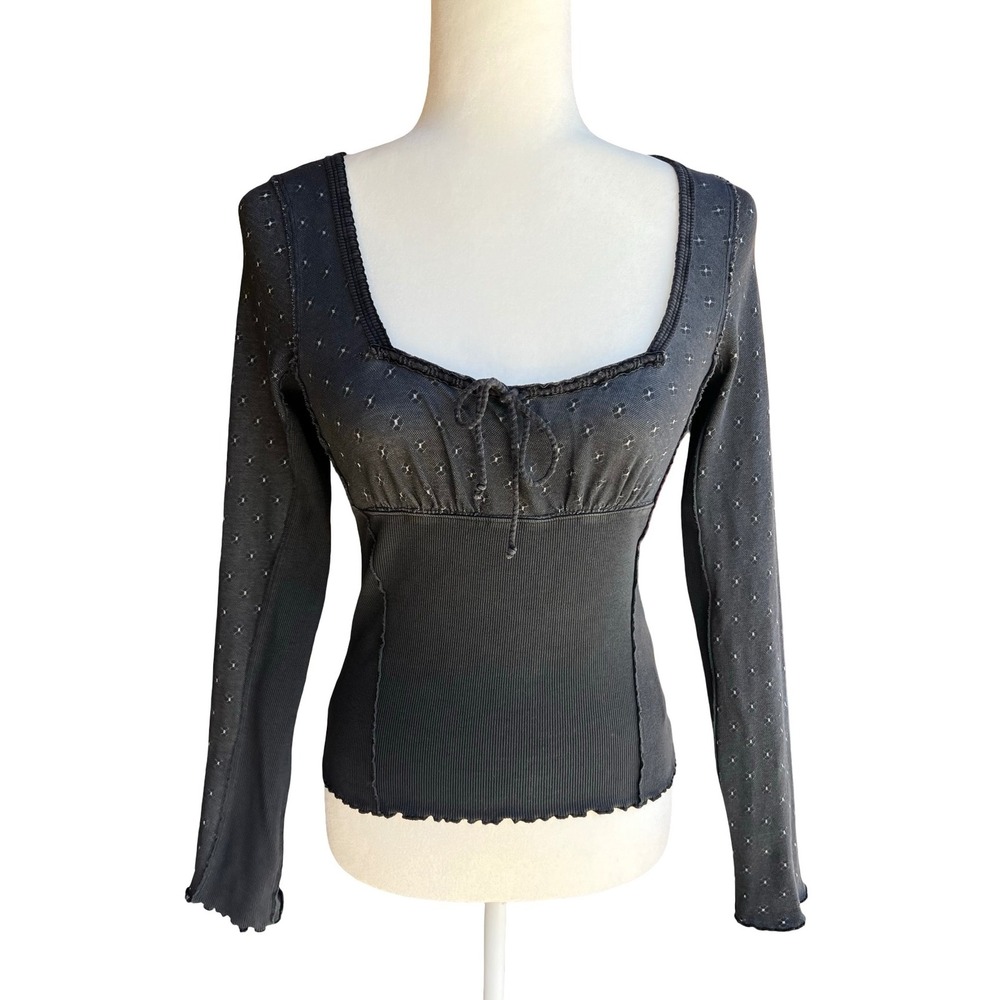 We The Free x Free People $68 Love Lane Ribbed Tie-Front Long Sleeve S Boho Top